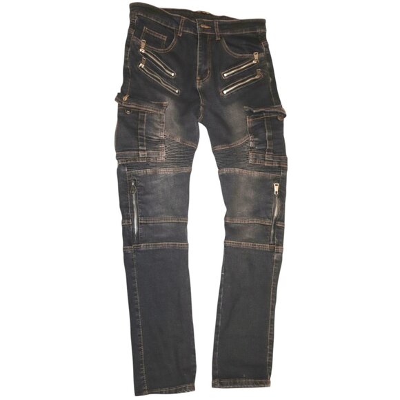 Volero Mens Dark Wash Slim Fit Biker Moto Style Cargo Jeans Grunge Streetcore - Picture 1 of 10